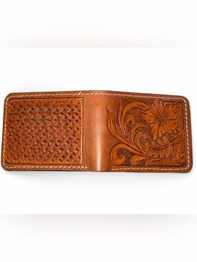 Hand-Tooled Leather Bifold Wallet Basketweave Design Brown floral